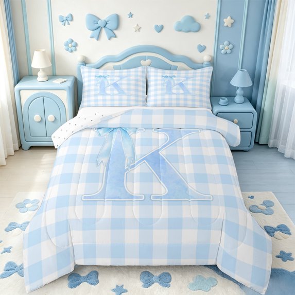 Manfei Blue Simple Square Checkered Queen Comforter Set,Personalized Letter K Gifts Comforter Sets Queen,Reversible,3 Pieces,1 Comforter and 2 Pillowcases