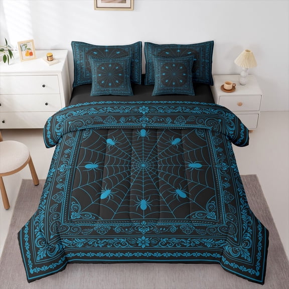 Manfei Blue Spider Web 7-Piece Twin Bedding,Halloween Themed Pattern Bedding Comforter Set,Black Reversible