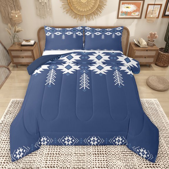 Manfei Blue Square Aztec Queen Comforter Set for Adult, Tribal Western Bohemian Bedding Sets, Mandala Hippie Style Reversible Bedding Comforter Set, Lightweight Room Decor, 3 Pieces