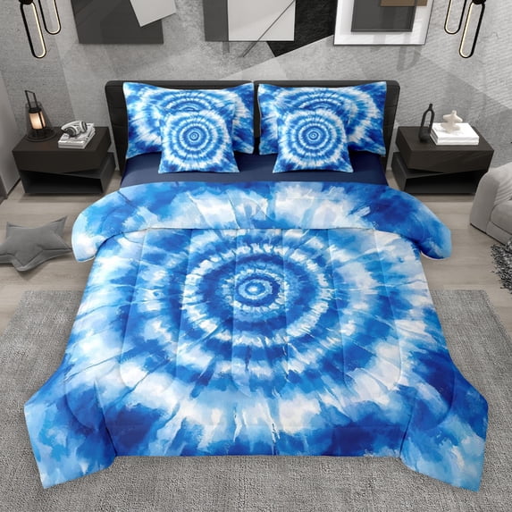 Manfei Blue Tie Dye Bedding Comforter Set 7-Piece,Abstract Flower Full Bedding Set,Boho bohemian Print Fitted Sheet Flat Sheet,Microfiber Room Decorative Reversible