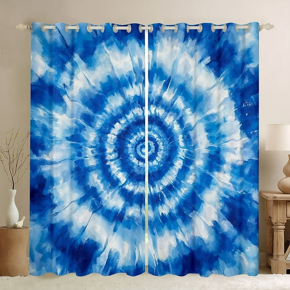 Manfei Blue Tie Dye Blackout Curtains Set of 2 (52x84 Each),Abstract Flower Window Curtains,Boho bohemian Print Curtains and Drapes,Microfiber Room Decorative