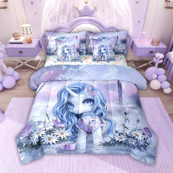 Manfei Blue Unicorn Bedding Sets Twin Size, Cartoon Animal Bed in a Bag Twin size, Groovy Flower Reversible Comforter Sets with Sheets, Super Cozy Room Decorative, 7-Piece