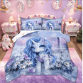 thumbnail image 1 of Manfei Blue Unicorn Bedding Twin Comforter Set for Girls Kids, Cartoon Animal Groovy Flower Bedding Sets, Colorful Stars Reversible, 2-Piece, 1 of 8