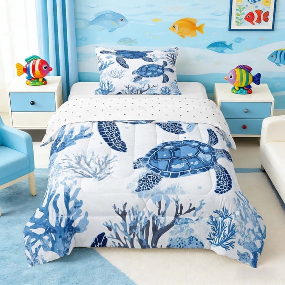 Manfei Blue Watercolor Sea Turtle Coral Twin Comforter Sets for Kids Boys and Girls, Marine Print Bedding Set, Reversible 2 Pieces, 1 Comforter and 1 Pillowcase