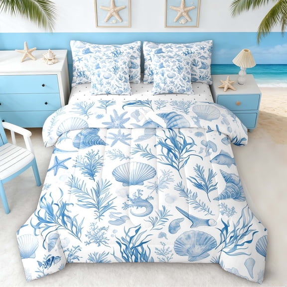 Manfei Blue Watercolor Seashell Fish Twin Bedding Sets for Kids Boys and Girls, Marine Plant Print Bedding Comforter Set, Reversible 7pcs