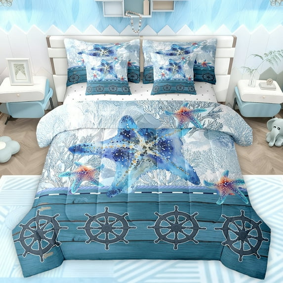 Manfei Blue Watercolor Starfish Twin Bedding Sets 7-Piece, Nautical Rudder Print Bedding Comforter Set, Dreamy Coral Sheet Sets, Microfiber Bedroom Decor