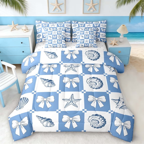 Manfei Blue White Checkerboard Seashell Starfish Bow Bedding Comforter Set for Kids Girls, Sea Animal Full Bedding Set, Reversible 7 Pieces