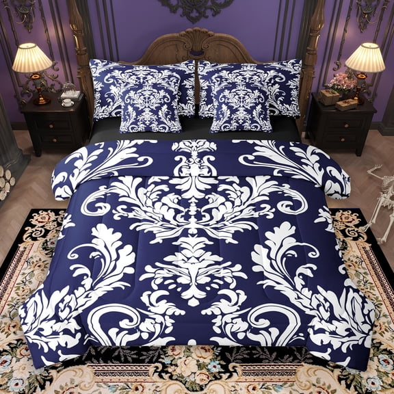 Manfei Blue White Damask 7 Pieces Bedding Comforter Set for Adult, Bohemian Flower Floral Full Bedding Set, Hippie Mandala Style Reversible Fitted Sheet Flat Sheet, Breathable Home Decor