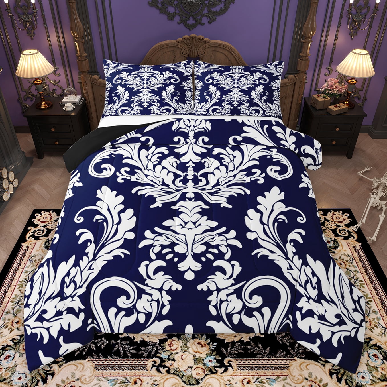 Manfei Blue White Damask Queen Comforter Set for Adult, Bohemian Flower ...