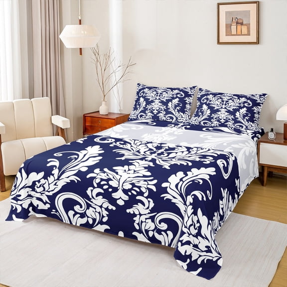 Manfei Blue White Damask Twin Sheet Sets for Adult, Bohemian Flower Floral Twin Fitted Sheet, Hippie Mandala Style Flat Sheet, Breathable Home Decor, 3pcs