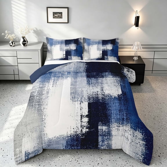 Manfei Blue White and Gray Queen Comforter Set, Abstract Gradient Brushstroke Comforter Sets Queen, Navy Reversible 3pcs, 1 Comforter and 2 Pillowcases