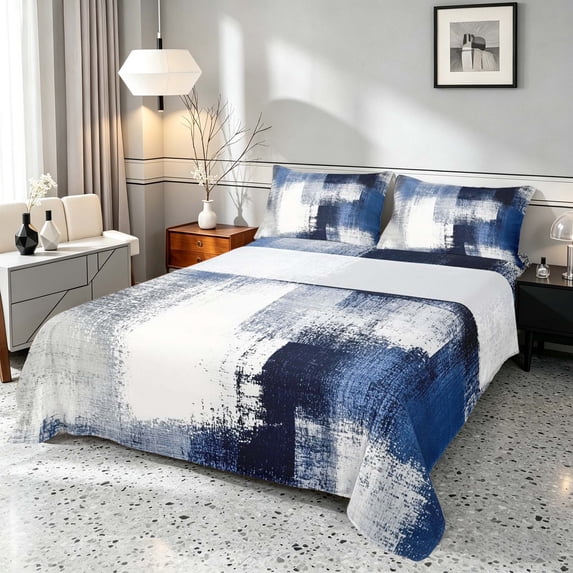 Manfei Blue White and Gray Queen Sheets, Abstract Gradient Brushstroke Queen Sheet Sets, Navy Reversible 4pcs1 Flat Sheet + 1 Fitted Sheet + 2 Pillowcases