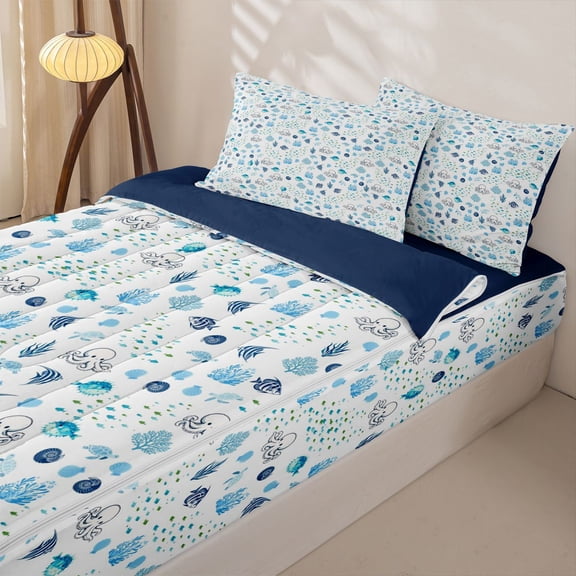 Manfei Blue White Octopus Fish Coral Zipper Twin Comforter Sets with Fitted Sheet and 2 Pillowcases for Kids Boys and Girls, Kawaii Ocean Wildlife Zipper Bedding Set, Navy Reversible, 4-Piece