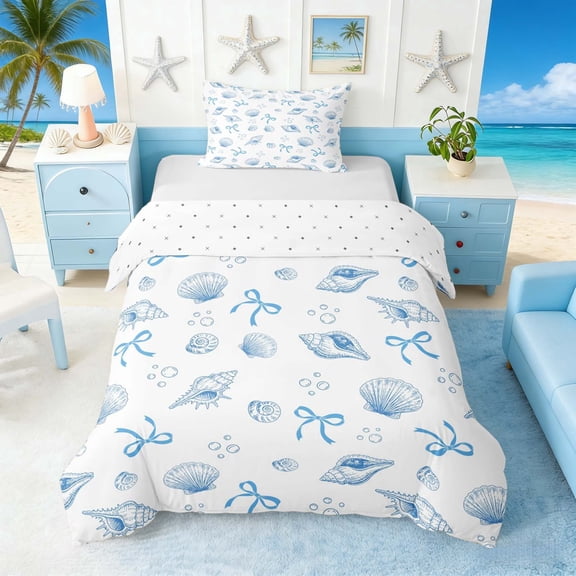 Manfei Blue White Seashell Bow Twin Bedding for Kids Girls, Kawaii Ocean Wildlife Duvet Cover Set, Reversible 2-Piece, 1 Duvet Cover and 1 Pillowcase