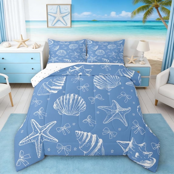 Manfei Blue White Seashell Starfish Bow Full Size Comforter Sets for Kids Boys and Girls, Sea Animal Bedding Sets, Reversible 3pcs, 1 Comforter and 2 Pillowcases
