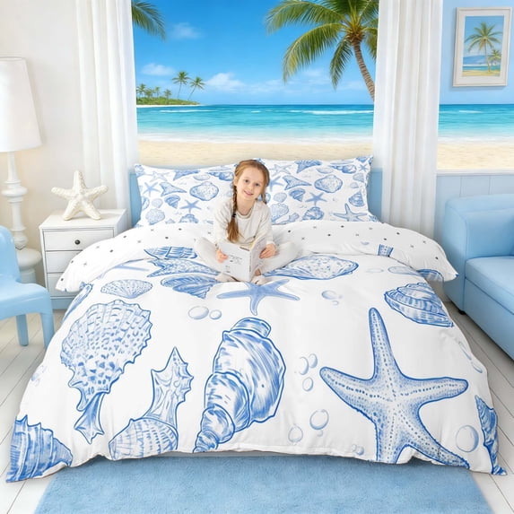 Manfei Blue and White Seashell Starfish Queen Duvet Cover Set for Kids Boys and Girls, Coastal Sealife Bedding, Reversible 3-Piece, 1 Duvet Cover and 2 Pillowcases