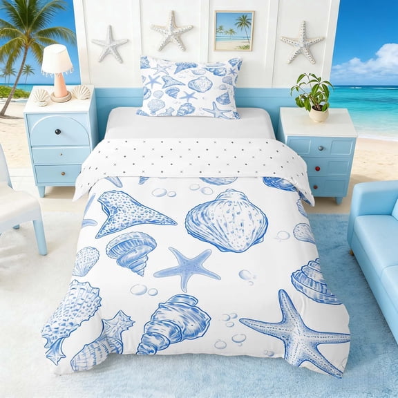 Manfei Blue and White Seashell Starfish Twin Bedding for Kids Boys and Girls, Coastal Sealife Duvet Cover Set, Reversible 2-Piece, 1 Duvet Cover and 1 Pillowcase