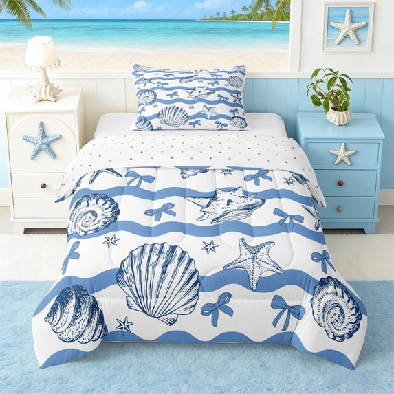 Manfei Blue White Wave Seashell Starfish Bow Twin Comforter Sets for Kids Girls, Sea Animal Bedding Set, Reversible 2-Piece, 1 Comforter and 1 Pillowcase