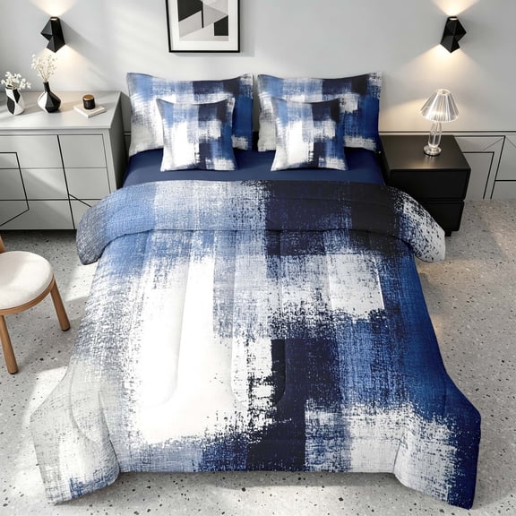 Manfei Blue White and Gray Queen Bedding, Abstract Gradient Brushstroke Bedding Comforter Set Queen, Navy Reversible 7 Pieces