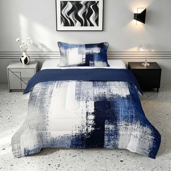 Manfei Blue White and Gray Twin Comforter Sets, Abstract Gradient Brushstroke Bedding Set, Navy Reversible 2pcs, 1 Comforter and 1 Pillowcase