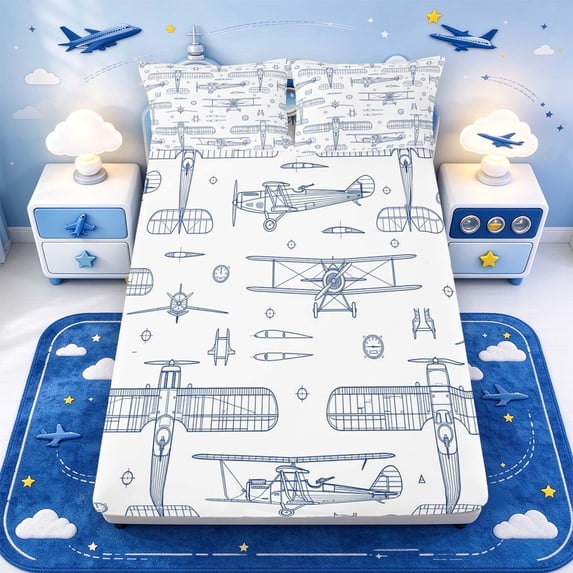 Manfei Blueprint Pattern Fitted Sheet Full,Old Fashioned Plane Bed Set ...