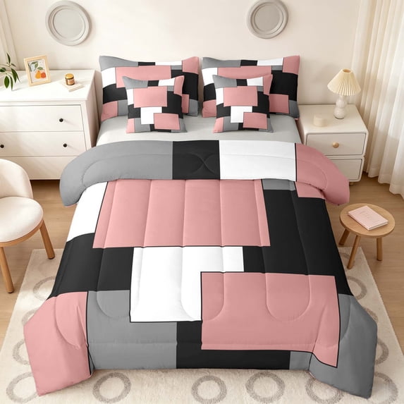 Manfei Blush Pink Geometric King Bedding, Abstract Grid King Bed in a Bag, Black White Pink Gray, Gray Reversible 7pcs