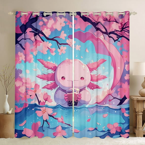 Manfei Boba Pink Axolotl Blackout Curtains Set of 2 (52x84 Each) for Kid, Romantic Cherry Blossoms Window Curtains, Kawaii Cartoon Animal Curtains and Drapes,Window Curtains Bedroom Decor