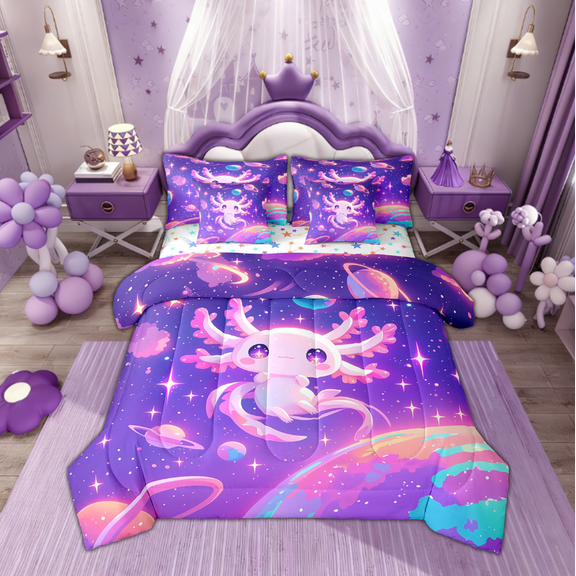 Feelyou Boba Purple Axolotl Twin Bedding Sets 7-Piece, Cartoon Planet Bedding Comforter Set, Outer Space Galaxy Sheet Sets, Breathable Room Decorative