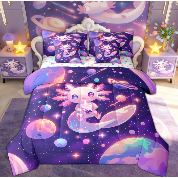 Feelyou Boba Purple Axolotl Twin Bedding Sets 7-Piece, Cartoon Planet Bedding Comforter Set, Outer Space Galaxy Sheet Sets, Super Cozy Bedroom Decor