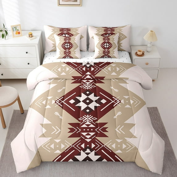 Manfei Bohemain Bedding Comforter Set 7-Piece,Aztec Floral Full Bedding Set,Red Abstract Geometry Fitted Sheet Flat Sheet,Breathable Room Decorative Reversible