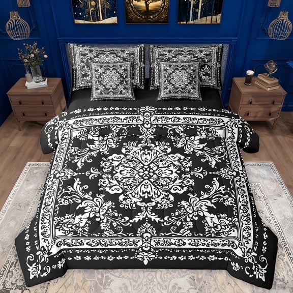 Manfei bohemian Flowers 7-Piece Bedding Comforter Set,Victorian Baroque Damask King Bedding Sets,White Black Bed Sheets For Girls Kids,Luxury Bedroom Decor Reversible
