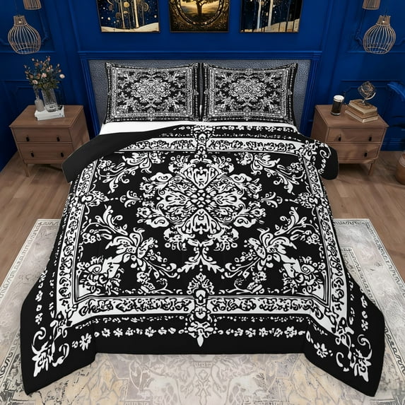 Manfei bohemian Flowers Bedding Comforter Set,Victorian Baroque Damask Twin Comforter Sets,White Black Bedding Set For Girls Kids,Luxury Bedroom Decor Reversible,2 Pieces