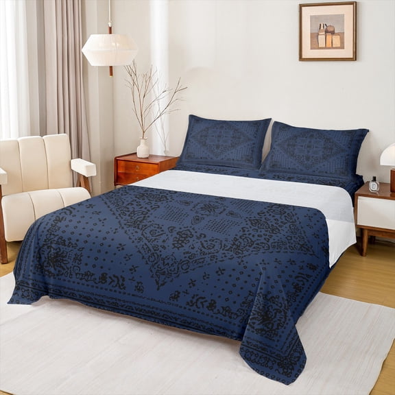 Manfei bohemian Flowers Twin Sheet Sets,Victorian Baroque Damask Twin Fitted Sheet,Black Deepblue Boho Floral Flat Sheet For Girls Kids,Luxury Bedroom Decor,3-Piece