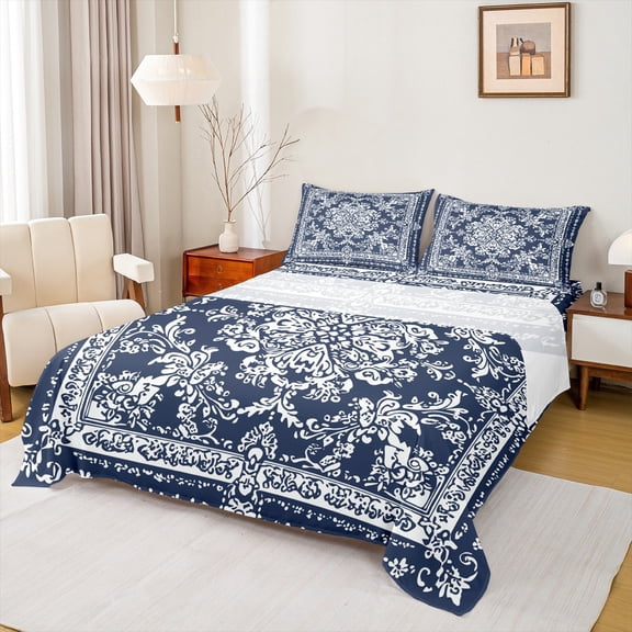 Manfei bohemian Flowers Twin Sheet Sets,Victorian Baroque Damask Twin Fitted Sheet,Blue White Flat Sheet For Girls Kids,Luxury Bedroom Decor,3-Piece