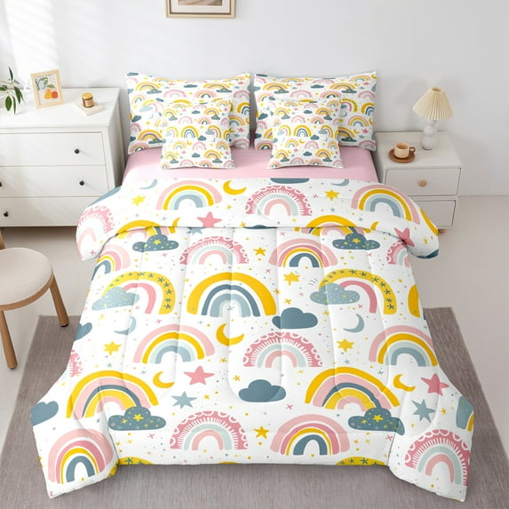 Manfei bohemian Rainbow 7 Pieces Bedding Comforter Set,Retro Boho Theme Full Bedding Set,Yellow Stars Teal Clouds Fitted Sheet Flat Sheet For Girl Boys,Breathable Home Decor Reversible