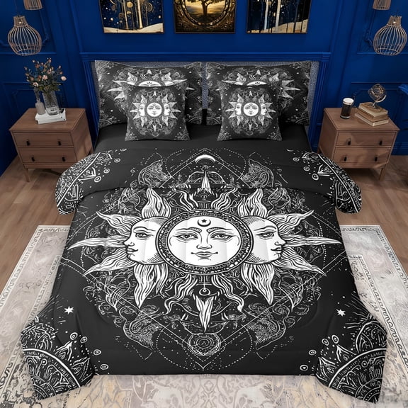 Manfei bohemian Sun Pattern 7-Piece Bedding Comforter Set,Exotic Boho King Bedding Sets,White Black Bed Sheets For Boys Girls,Breathable Home Decor Reversible