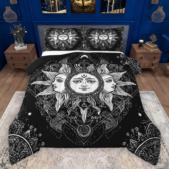 Manfei bohemian Sun Pattern Bedding Comforter Set,Exotic Boho Twin Comforter Sets,White Black Bedding Set For Boys Girls,Breathable Home Decor Reversible,2 Pieces