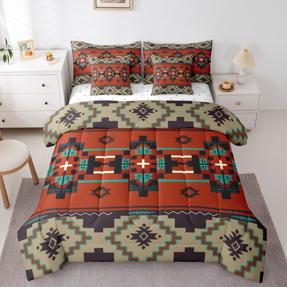 Manfei Bohemian Aztec 7pcs Bedding Comforter Set for Female Men Teens,Exotic Style Queen Bedding Sets Super Cozy,Southwestern Theme Queen Sheet Sets,Lightweight Room Decor,Reversible