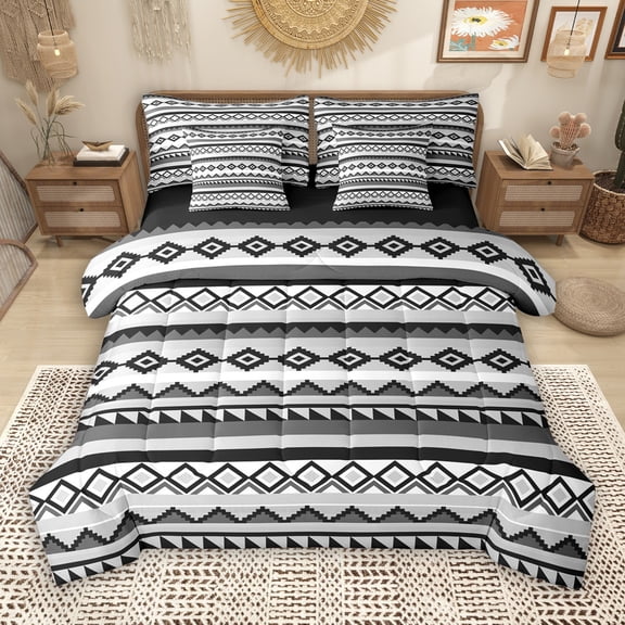 Manfei Bohemian Aztec Adult 7-Piece Bedding Comforter Set, Grey Triangle Stripes King Bedding Sets, Hippie Tribal Style Reversible Bed Sheets, Luxury Bedroom Decor