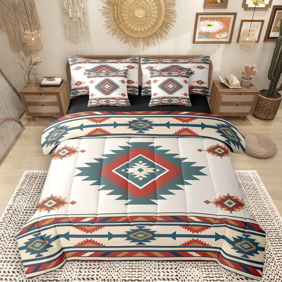 Manfei Bohemian Aztec Adult 7-Piece Bedding Comforter Set, Tribal Hippie King Bedding Sets, Wheat Red Abstract Reversible Bed Sheets, Microfiber Bedroom Decor