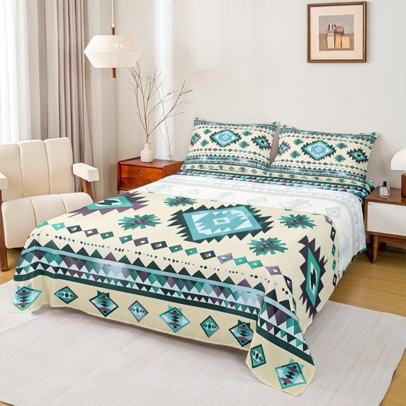 Manfei Bohemian Aztec Adult Bed Sheets, Cyan Triangle Stripes King Sheets, Hippie Tribal Style Sheet Set, Luxury Bedroom Decor, 4 Pieces