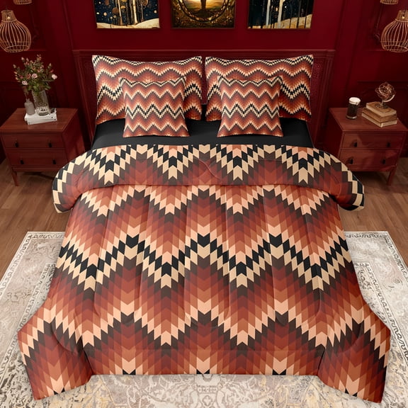 Manfei Bohemian Aztec Adult Bedding Comforter Set 7pcs, Hippie Fashion Stripes Wave King Bedding Sets, Southwestern Theme Reversible Bed Sheets, Breathable Home Decor