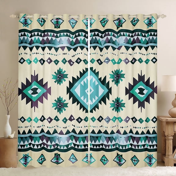 Manfei Bohemian Aztec Adult Black Out Curtains, Cyan Triangle Stripes Curtains Pack of 2 (42x63 Each), Hippie Tribal Style Bedroom Curtains, Window Curtains Bedroom Decor