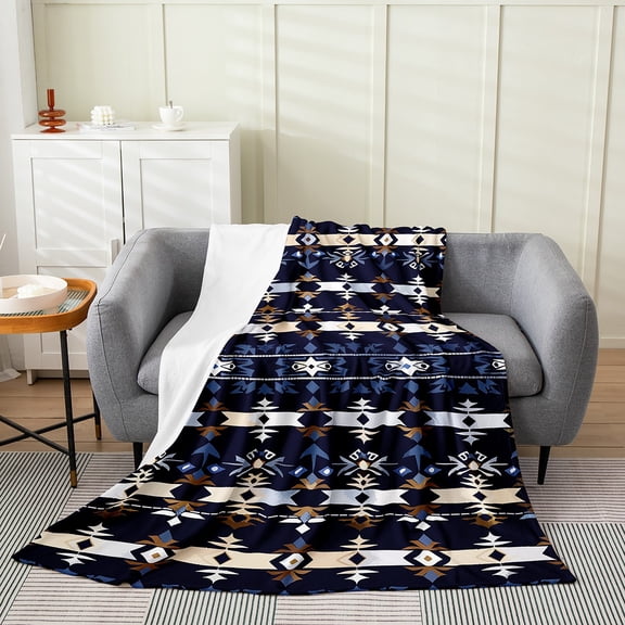Manfei Bohemian Aztec Adult Flannel Blanket, Blue Hippie Abstract Sherpa Blanket, Tribal Western Style Throw Blanket for Couch, Luxury Bedroom Decor