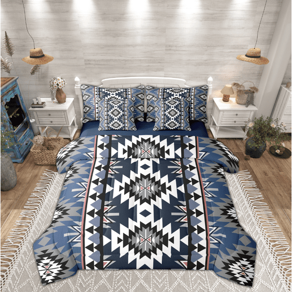 Manfei Bohemian Aztec Bedding Comforter Set 7pcs for Adult, Navy Blue Tribal Geometric Queen Bedding Sets, Southwestern Reversible Queen Sheet Sets, Lightweight Room Decor