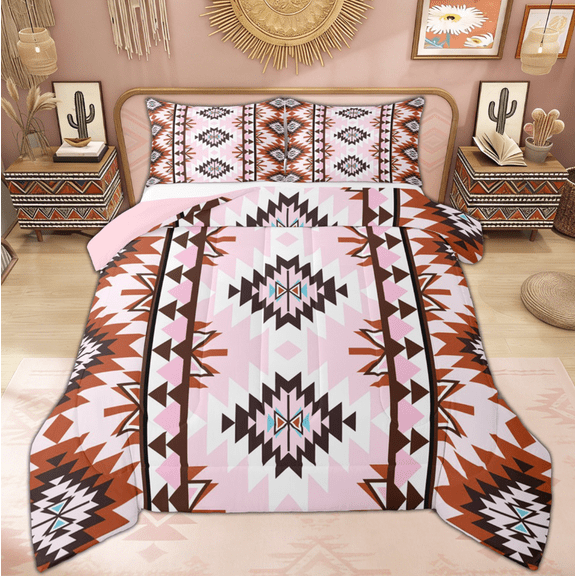 Manfei Bohemian Aztec Bedding Comforter Set for Adult, Pink Brown Tribal Geometric Twin Comforter Sets, Southwestern Reversible Bedding Set, Luxury Bedroom Decor, 2-Piece