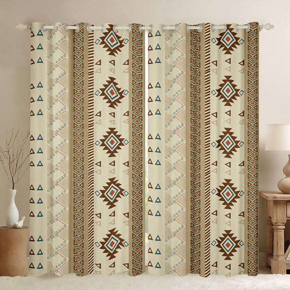 Manfei Bohemian Aztec Black Out Curtains, Hippie Geometric Triangle Rhombus Curtains Pack of 2 (42x63 Each), Brown Teal Bedroom Curtains, Luxury Bedroom Decor