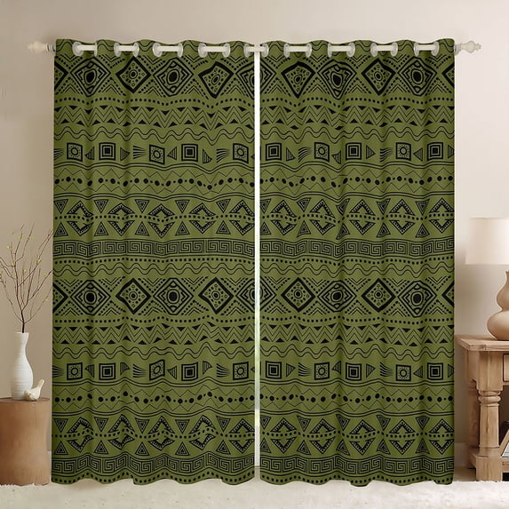 Manfei Bohemian Aztec Blackout Curtains Set of 2 (52x84 Each),Exotic Style Curtain, Green Black