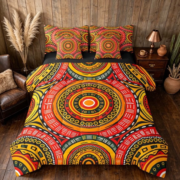 Manfei Bohemian Aztec Circle Twin Bedding, Hippie Mandala Bedding Comforter Set, Multicolor, Black Reversible 7pcs