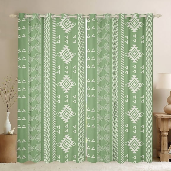 Manfei Bohemian Aztec Curtains Pack of 2 (42x84 Each), Hippie Geometric Triangle Rhombus Curtains Blackout, Green Beige Living Room Curtains, Luxurious Home Decor